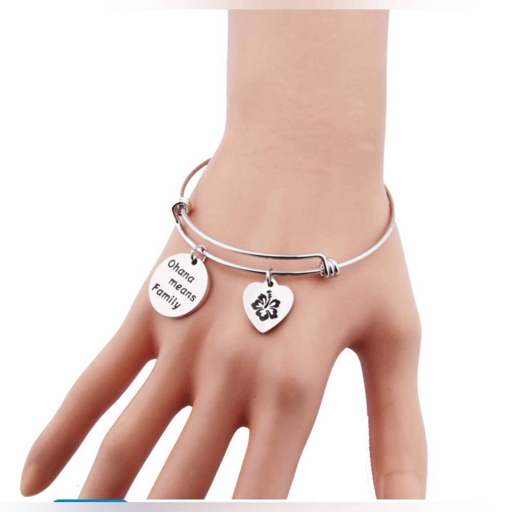 KUIYAI Ohana Means Family Hibiscus Flower Stainless Steel Bangle